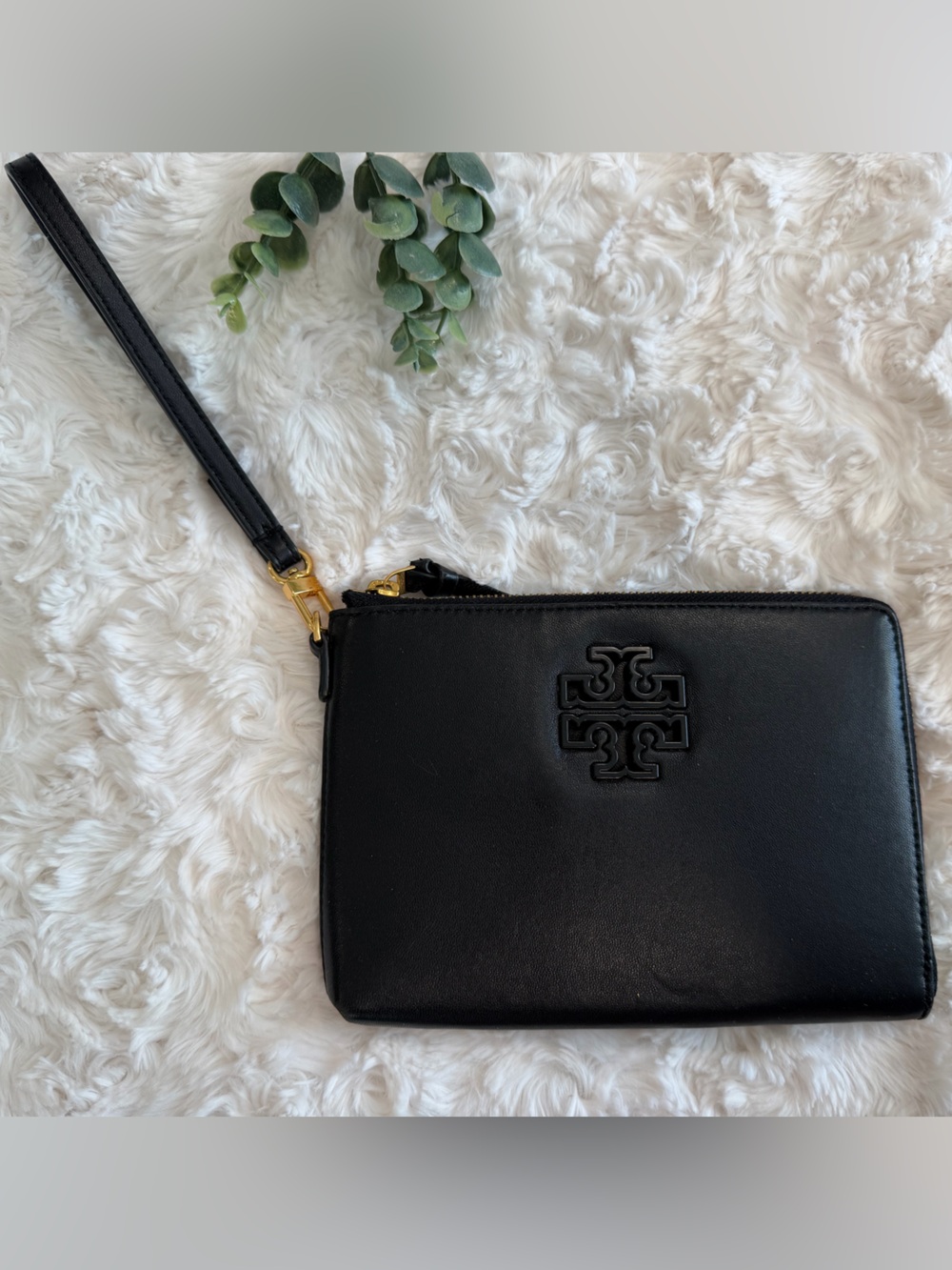 Tory Burch Black Leather Wristlet with Gold Hardware